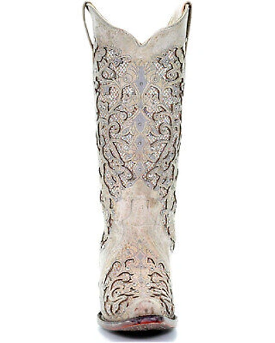 Pre-owned Corral Boots Corral Women's Glitter Inlay And Crystals Wedding Boot - Snip Toe White 6 1/2 W