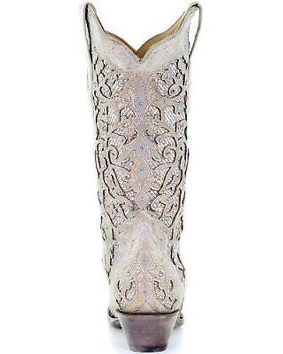 Pre-owned Corral Boots Corral Women's Glitter Inlay And Crystals Wedding Boot - Snip Toe White 6 1/2 W