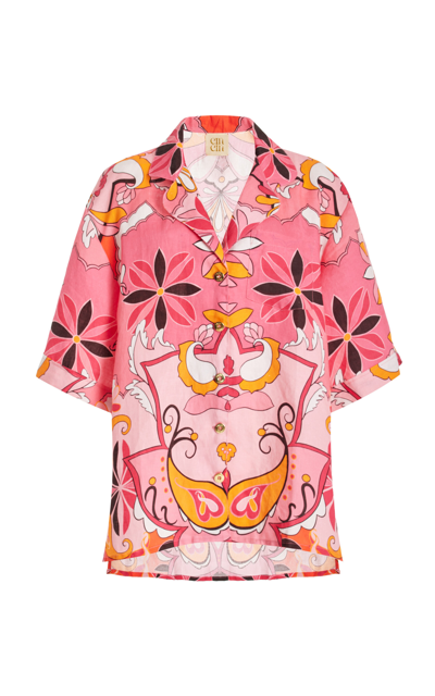Shop Cin Cin Mirage Printed Linen Button-down Shirt In Pink