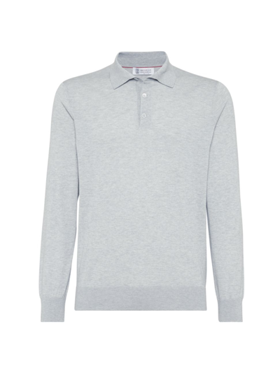 Shop Brunello Cucinelli Men's Cotton And Silk Lightweight Knit Polo With Long Sleeves In Pebble