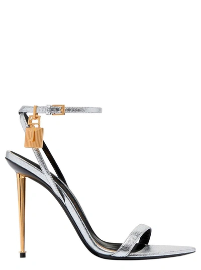 Shop Tom Ford Silver Sandals With Metal Heel And Padlock In Leather Woman In Grey