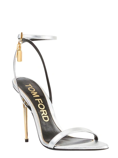 Shop Tom Ford Silver Sandals With Metal Heel And Padlock In Leather Woman In Grey