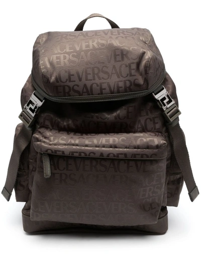 Shop Versace Khaki Allover Jacquard Backpack In Brown