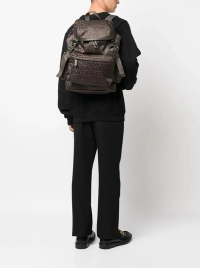 Shop Versace Khaki Allover Jacquard Backpack In Brown