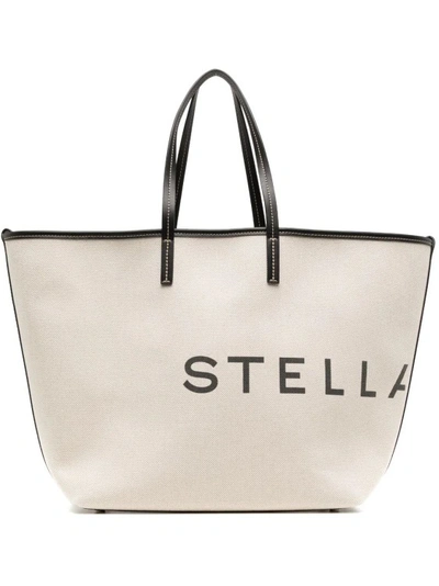 Shop Stella Mccartney Beige Logo Print Tote Bag In Neutrals