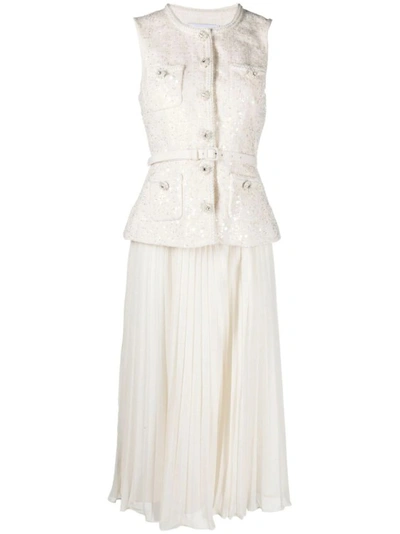 Shop Self-portrait Ecru Sequin Boucle Midi Dress In White