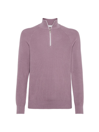 Shop Brunello Cucinelli Men's Cotton English Rib Knit Sweater With Half Zip And Raglan Sleeves In Purple