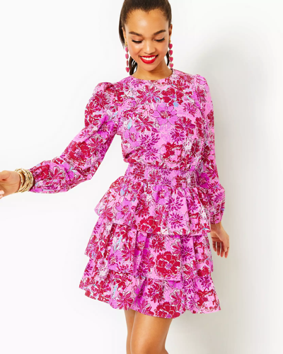 Shop Lilly Pulitzer Khloey Smocked A-line Cotton Dress In Lilac Thistle In The Wild Flowers