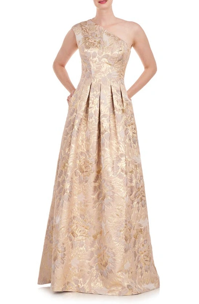 Shop Kay Unger Carolyn Metallic Floral Jacquard One-shoulder Gown In Hazelnut