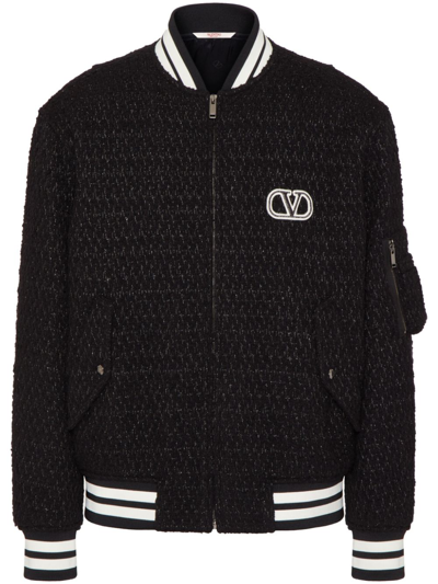 Shop Valentino Black Vlogo Signature Tweed Bomber Jacket