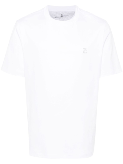 Shop Brunello Cucinelli White Logo-embroidered Cotton T-shirt