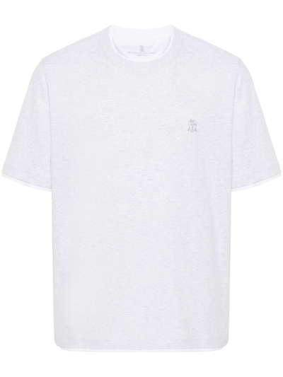 Shop Brunello Cucinelli Grey Logo-embroidered Cotton T-shirt