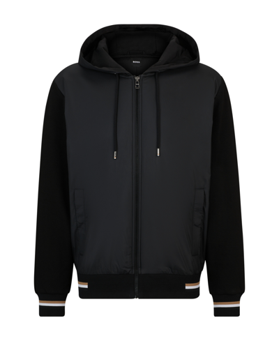 Hugo Boss Boss By  Men's Mixed-material Zip-up Hoodie In Black