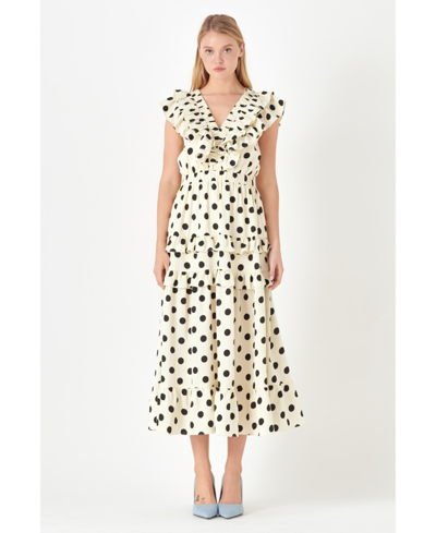 Shop English Factory Women's Polka Dot Print Ruffle Detail Maxi Dress In Ivory,black
