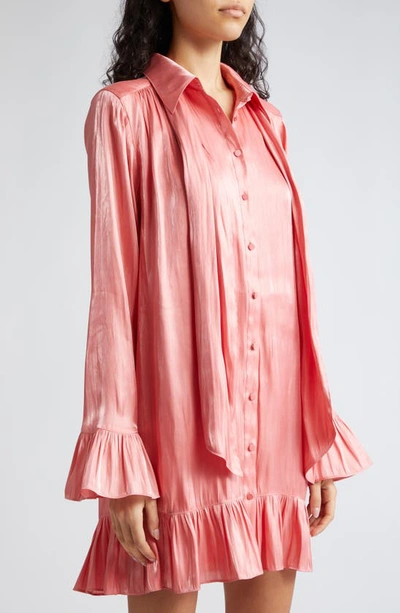 Shop Cinq À Sept Iva Metallic Tie Neck Long Sleeve Shirtdress In Ardent Coral