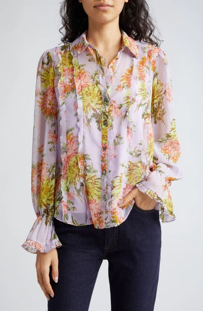 Shop Cinq À Sept Estelle Ruffle Print Shirt In Lilac Multi