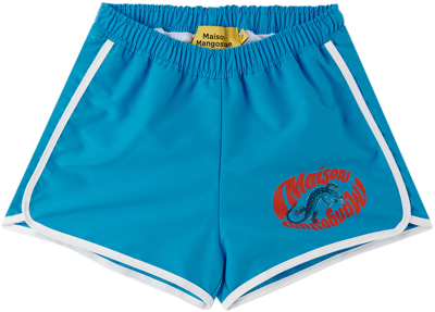 Shop Maison Mangostan Kids Blue Gecko Swim Shorts
