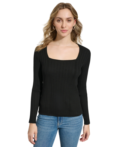 Shop Calvin Klein Square-neck Mixed Rib-knit Sweater In Black