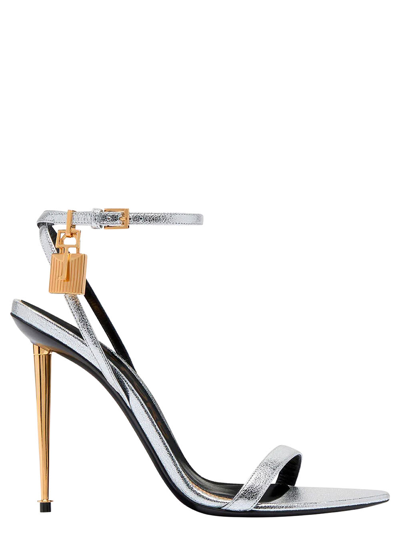 Shop Tom Ford Silver Sandals With Metal Heel And Padlock In Leather Woman In Metallic