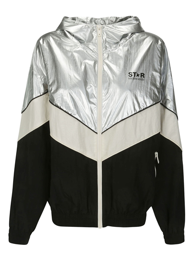 Shop Golden Goose Star Ws Patchwork Windbreaker Technical Contrast In Silver/dark Papyrus/black