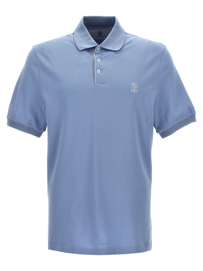 Shop Brunello Cucinelli Logo Print Polo Shirt In Light Blue