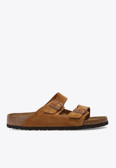 Shop Birkenstock Arizona Logo-detail Suede Slides In Brown