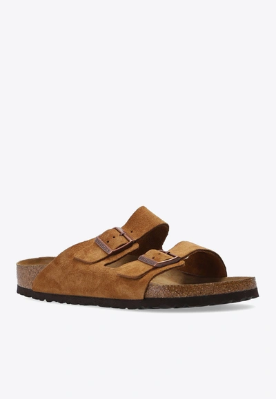 Shop Birkenstock Arizona Logo-detail Suede Slides In Brown