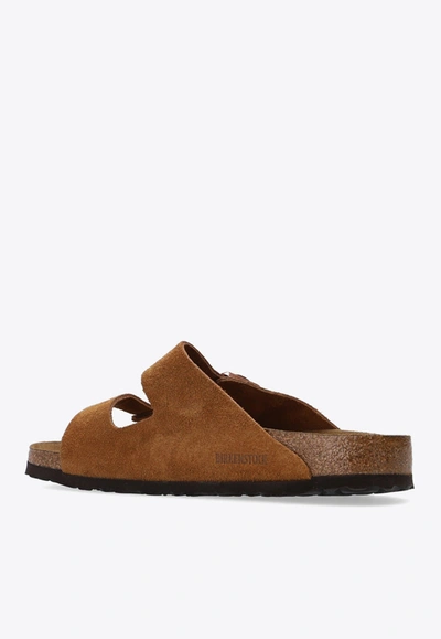 Shop Birkenstock Arizona Logo-detail Suede Slides In Brown