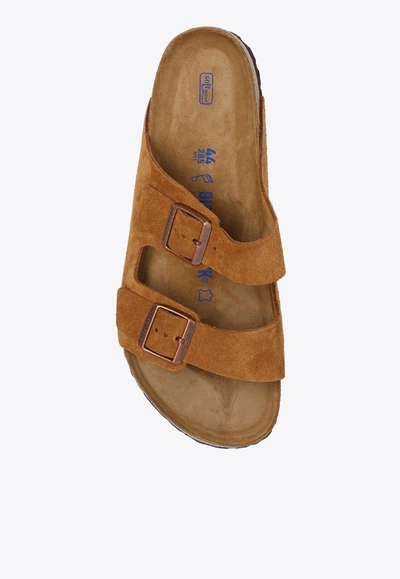 Shop Birkenstock Arizona Logo-detail Suede Slides In Brown