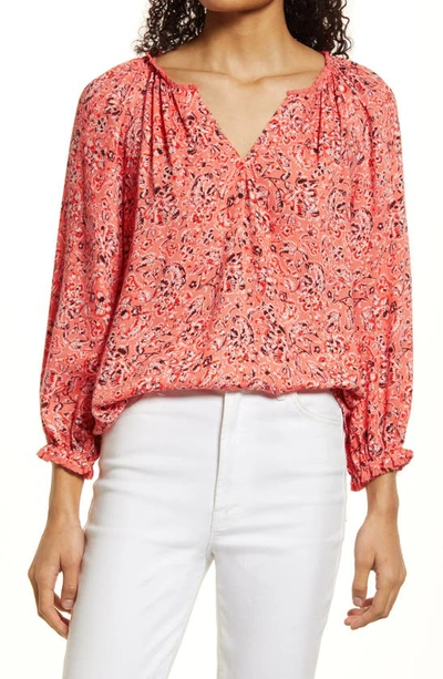 Wit & Wisdom Floral Split Neck Popover Top In Comu-coral Multi