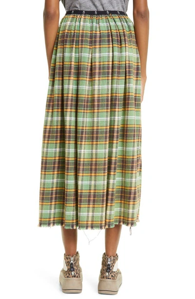Shop R13 Kilt Frayed Plaid Slub Cotton Midi Skirt In Green Plaid
