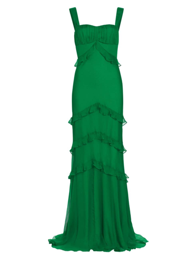 Shop Saloni Women's Chandra Silk Ruffled Gown In Emerald Green