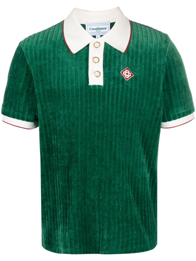 Shop Casablanca Green Ribbed Velvet Polo Shirt