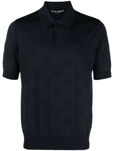 Shop Dolce & Gabbana Blue Logo-jacquard Silk Polo Shirt