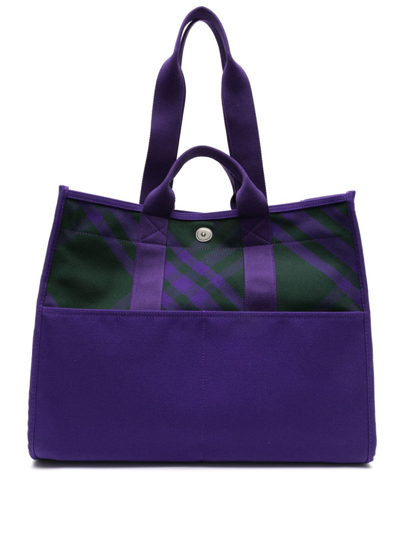 Shop Burberry Purple Check Organic-cotton Tote Bag