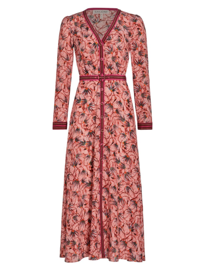Shop Saloni Women's Lea Silk Floral Long-sleeve Midi Dress In Padma Hibiscus Plmt