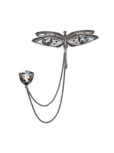 Shop Alexander Mcqueen Men's Crystal-embellished Dragonfly Double Pin Brooch In Ruthenium Silver