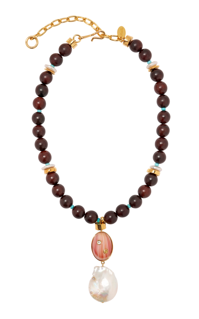 Shop Lizzie Fortunato Gaia Gold-plated Wooden Bead Pendant Necklace In Brown