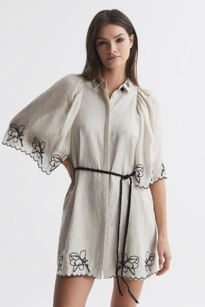 Shop Joslin Embroidered Linen Shirt Mini Dress In Flax Black