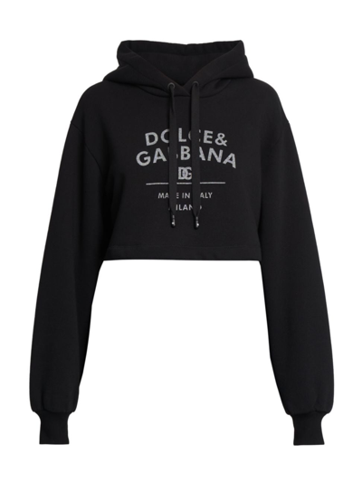 Shop Dolce & Gabbana Women's Logo Cotton-blend Crop Hoodie In Black