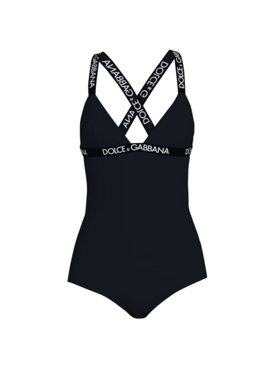 Shop Dolce & Gabbana Women's Logo-strap One-piece Swimsuit In Nero