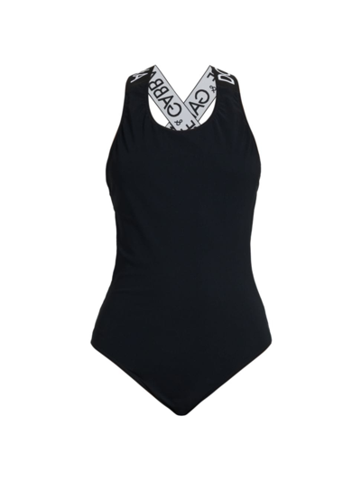 Shop Dolce & Gabbana Women's Logo-strap One-piece Swimsuit In Nero