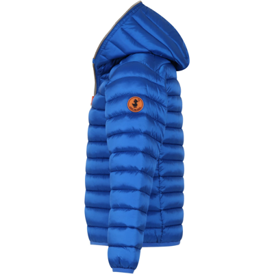 Shop Save The Duck Blue Down Jacket Iris For Girl With Logo