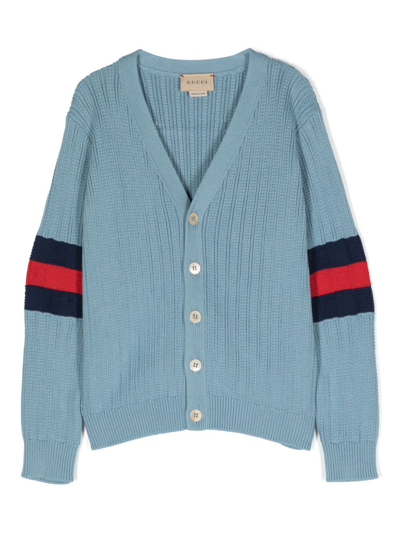 Shop Gucci Cardigan Co Rib And Links In Sky Blue Red