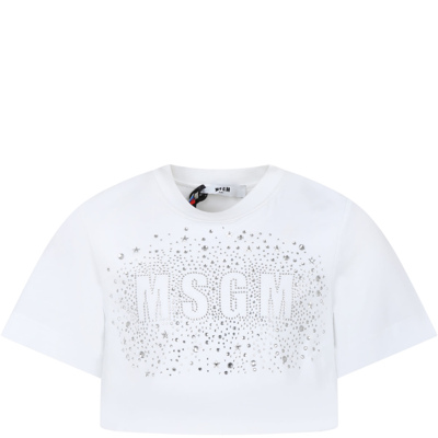 Shop Msgm White T-shirt For Girl With Logo And Stars