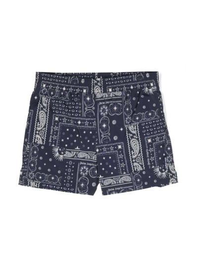 Shop Palm Angels Blue Shorts With Bandana Motif In Techno Fabric Boy