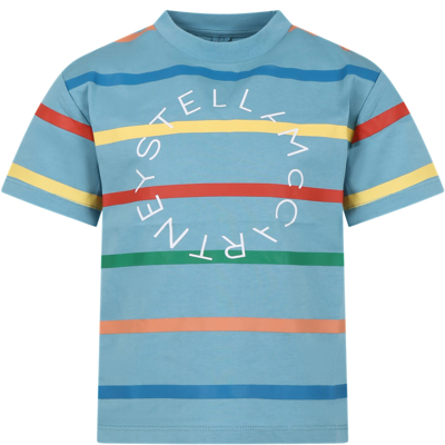 Shop Stella Mccartney Light Blue T-shirt For Kids With Logo And Multicolor Stripes