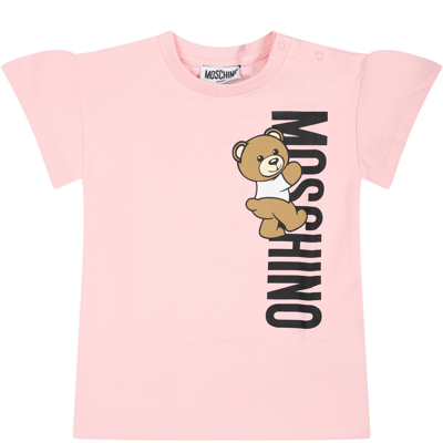 Shop Moschino Pink Dress For Baby Girl With Teddy Bear And Logo