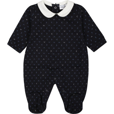 Shop Armani Collezioni Blue Playsuit For Baby Boy With All-over Eagle Logo