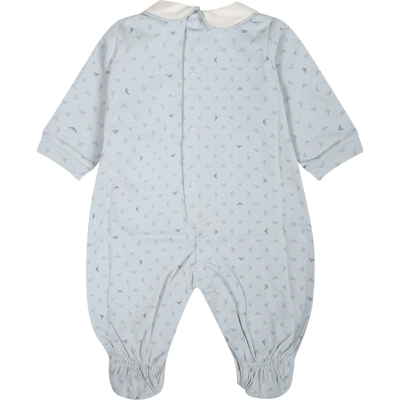 Shop Armani Collezioni Light Blue Playsuit For Baby Boy With All-over Eagle Logo